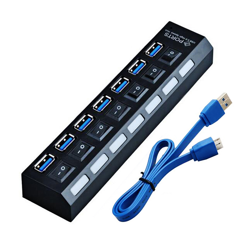 Хаб USB 3.0 7 портов с переключателями на каждый порт, Black